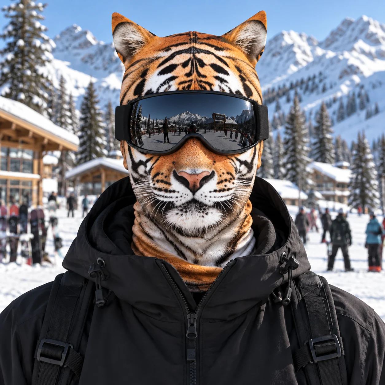 Person wearing a Bengal Tiger printed mask, black ski goggles and a winter jacket in the snow