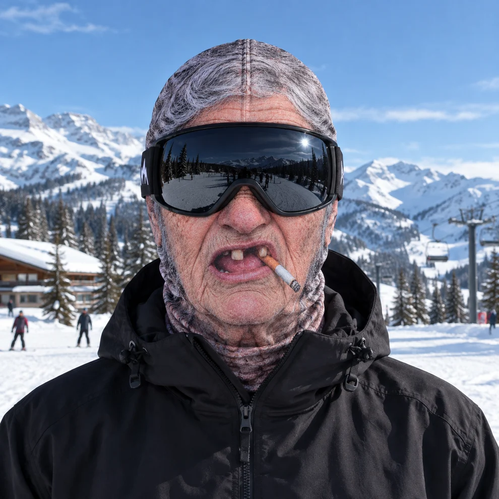 Nanny character ski mask at a snowy mountain resort