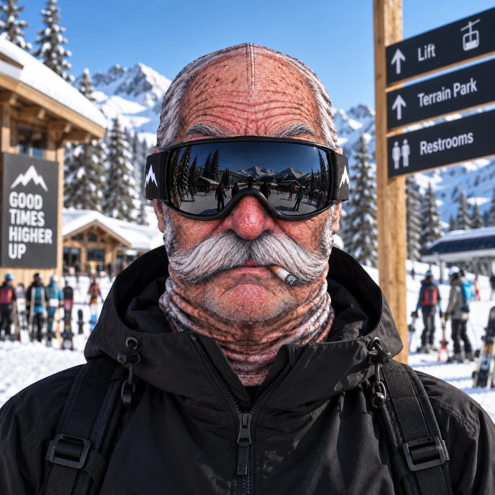Grandpa mask worn with ski goggles