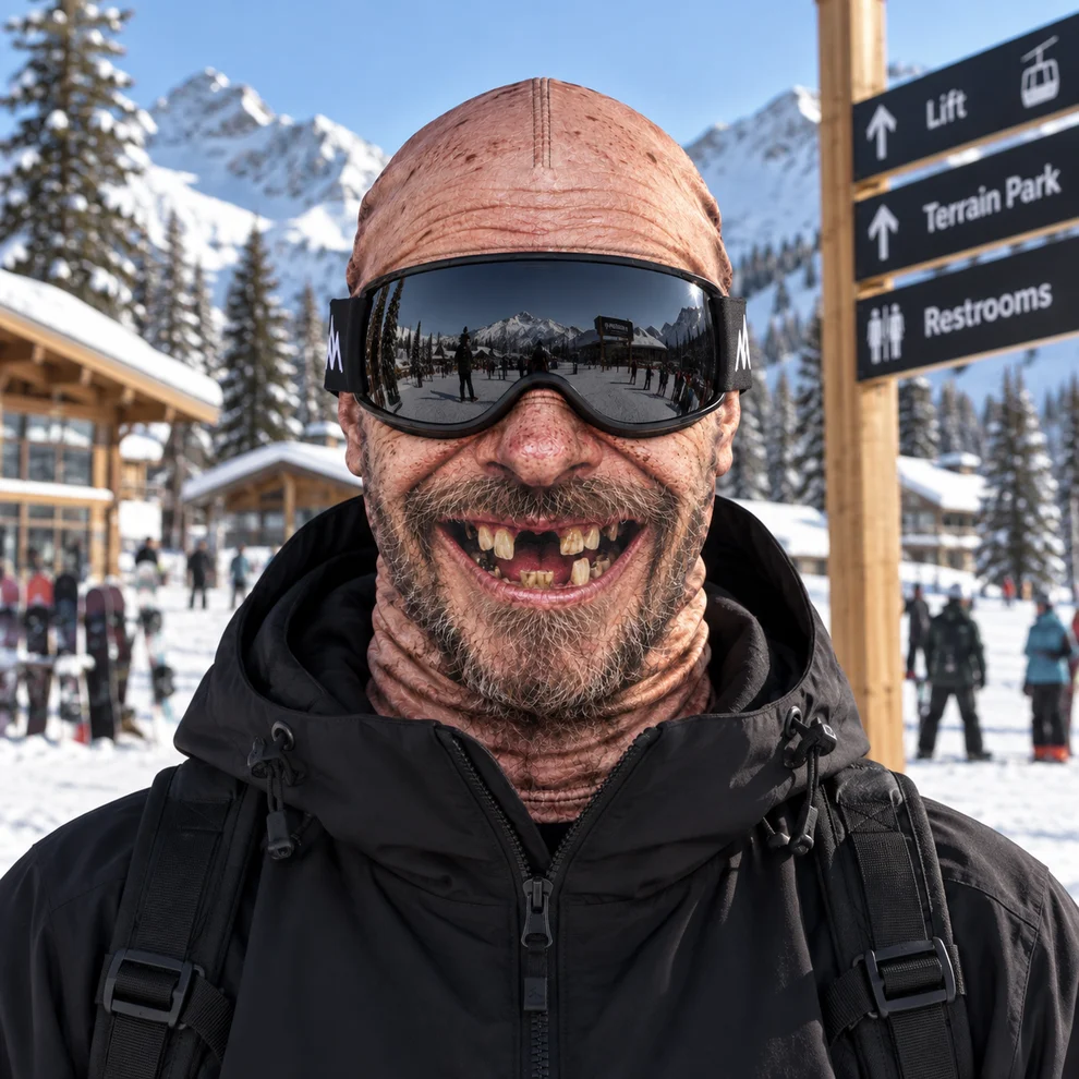 Hillbilly human-face mask worn with goggles in the snow